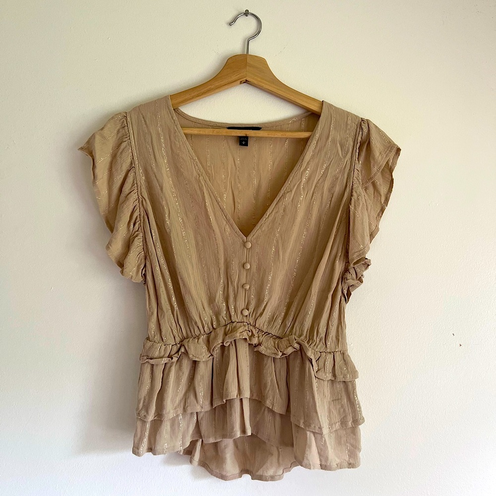 EXPRESS Metallic Beige Tiered Button Front Top Size Small